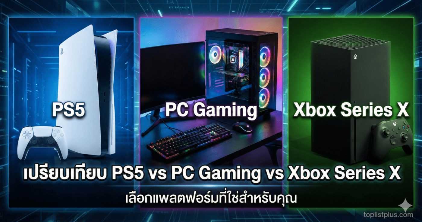 ภาพหน้าปกบทความ เปรียบเทียบ PS5 vs PC Gaming vs Xbox Series X แสดงรูปเครื่องเล่นเกมคอนโซล PlayStation 5, ชุดคอมพิวเตอร์ PC Gaming พร้อมไฟ RGB และคอนโซล Xbox Series X เรียงต่อกันสามช่อง