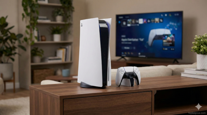 ภาพประกอบรีวิว PlayStation 5 Digital Edition (รุ่นอ้วน/Fat) แสดงตัวเครื่องพร้อมคอนโทรลเลอร์บนชั้นวางทีวีในห้องนั่งเล่น โดยมีหน้าจอทีวีแสดงอินเตอร์เฟซเกมและลายน้ำ toplistplus.com