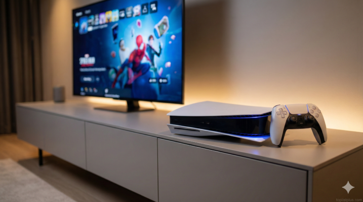 ภาพเครื่องเกมคอนโซลและจอยคอนโทรลเลอร์ PS5 รุ่นใหม่ ประกอบบทความ รีวิว PlayStation 5 Digital Slim วางคู่กับทีวีในห้องนั่งเล่น