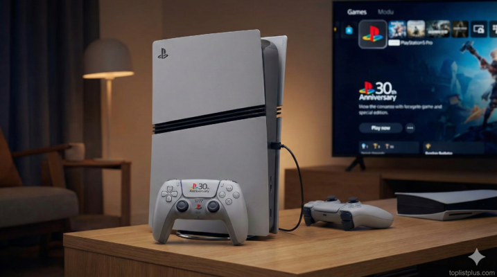 ภาพเครื่องเกมคอนโซลดีไซน์คลาสสิกสีเทา พร้อมจอย DualSense รุ่นพิเศษ สำหรับประกอบบทความ รีวิว PlayStation 5 Pro 30th Anniversary Limited Edition