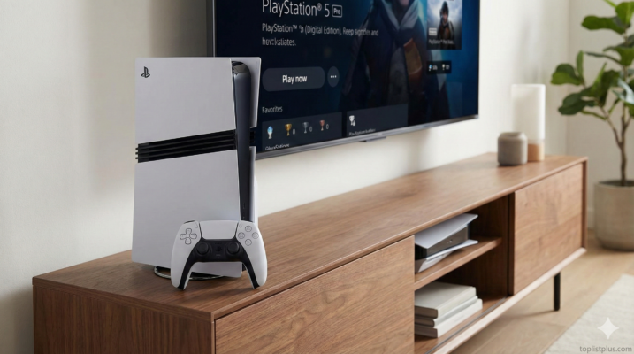 เครื่องคอนโซล PlayStation 5 Pro (Digital Edition) และจอย DualSense วางบนชั้นวางทีวีในห้องนั่งเล่น ประกอบบทความรีวิว PlayStation 5 Pro (Digital Edition)