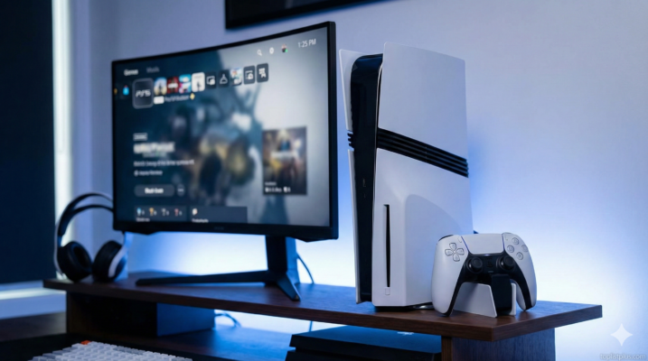 รีวิว PlayStation 5 Pro (Digital Edition) ภาพเครื่องคอนโซลสีขาวพร้อมจอย DualSense วางบนโต๊ะไม้ข้างหน้าจอมอนิเตอร์ที่แสดงหน้าจอโฮมของ PS5