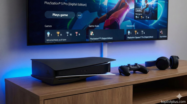 ภาพเครื่องเกมคอนโซลสีดำรุ่นใหม่วางแนวนอนบนโต๊ะไม้ ประกอบบทความรีวิว PlayStation 5 Pro (Digital Edition)