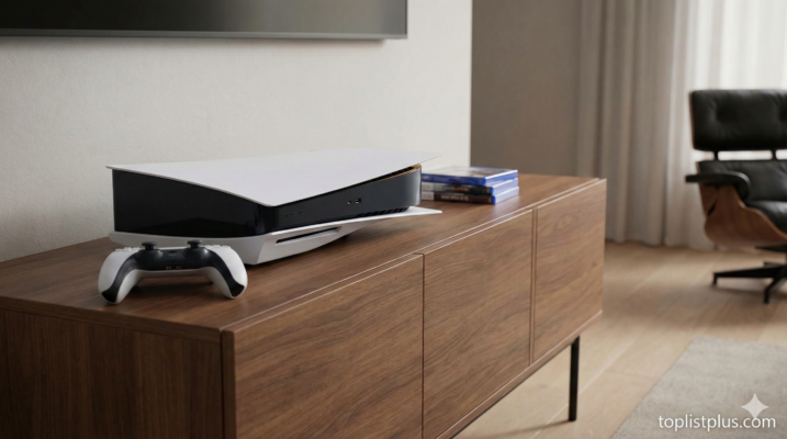 ภาพเครื่องเล่นเกม PlayStation 5 Standard Edition (รุ่นอ้วนFat) และจอยคอนโทรลเลอร์ DualSense วางบนตู้ไม้ในห้องนั่งเล่น สำหรับประกอบบทความรีวิว