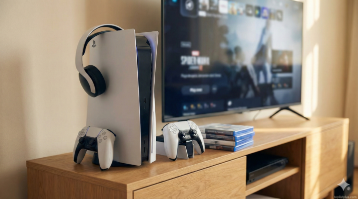 รีวิว PlayStation 5 Standard Edition (รุ่นอ้วนFat) พร้อมอุปกรณ์เสริมบนชั้นวางทีวี