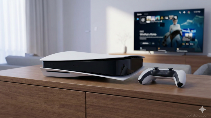 รูปภาพประกอบสำหรับ รีวิว PlayStation 5 Standard Edition (รุ่นอ้วนFat) แสดงคอนโซลสีขาววางแนวนอนพร้อมคอนโทรลเลอร์ DualSense