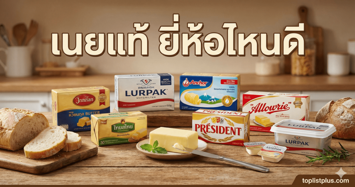 รูปภาพหน้าปกบทความรีวิวเปรียบเทียบ เนยแท้ ยี่ห้อไหนดี รวมแบรนด์ดังต่างๆ บนโต๊ะไม้
