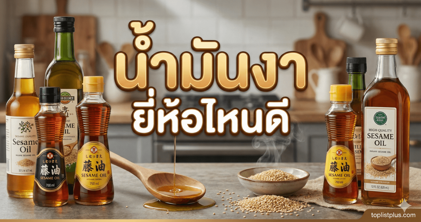 รูปภาพหน้าปกบทความรวมขวดน้ำมันงาหลากหลายแบรนด์พร้อมข้อความ น้ำมันงา ยี่ห้อไหนดี