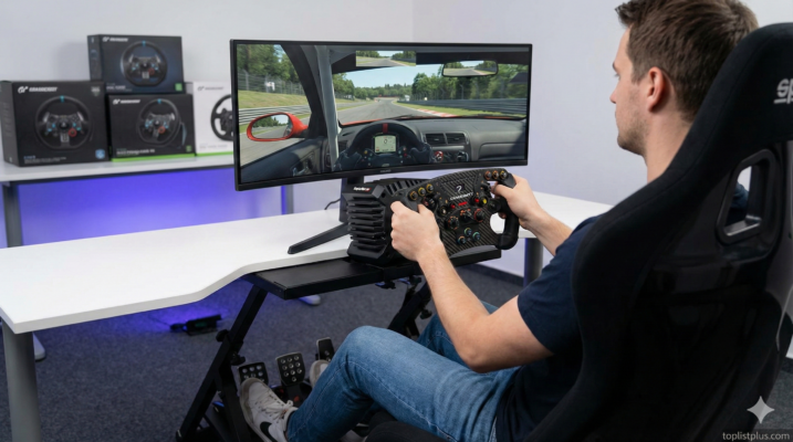 ภาพผู้ชายกำลังเล่นเกมแข่งรถด้วยชุดจอยพวงมาลัยและแป้นเหยียบแบบเต็มรูปแบบ แสดงถึงการใช้งานจริงเพื่อเป็นแนวทางในการตัดสินใจเลือกซื้อ จอยพวงมาลัย รุ่นไหนดี