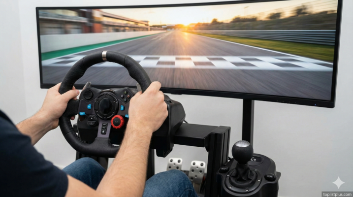 ภาพมุมมองผู้ขับขี่กำลังใช้งานชุดจอยพวงมาลัยและแป้นเหยียบเล่นเกมแข่งรถบนจอโค้งขนาดใหญ่ ประกอบบทความรีวิว จอยพวงมาลัย รุ่นไหนดี