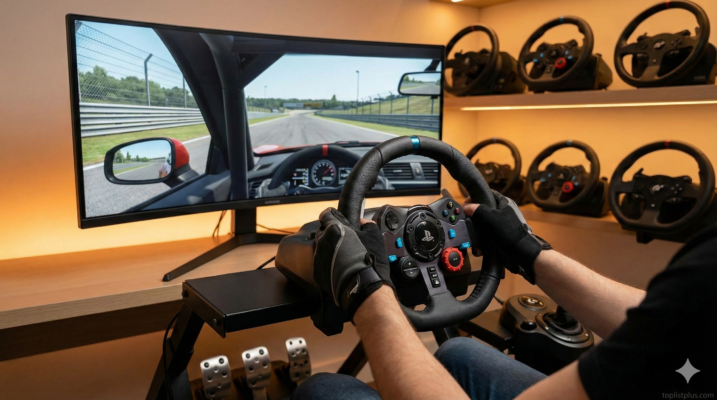 ภาพประกอบบทความ จอยพวงมาลัย รุ่นไหนดี แสดงผู้เล่นกำลังใช้งานชุดจอยพวงมาลัยพร้อมแป้นเหยียบเล่นเกมแข่งรถบนหน้าจอขนาดใหญ่