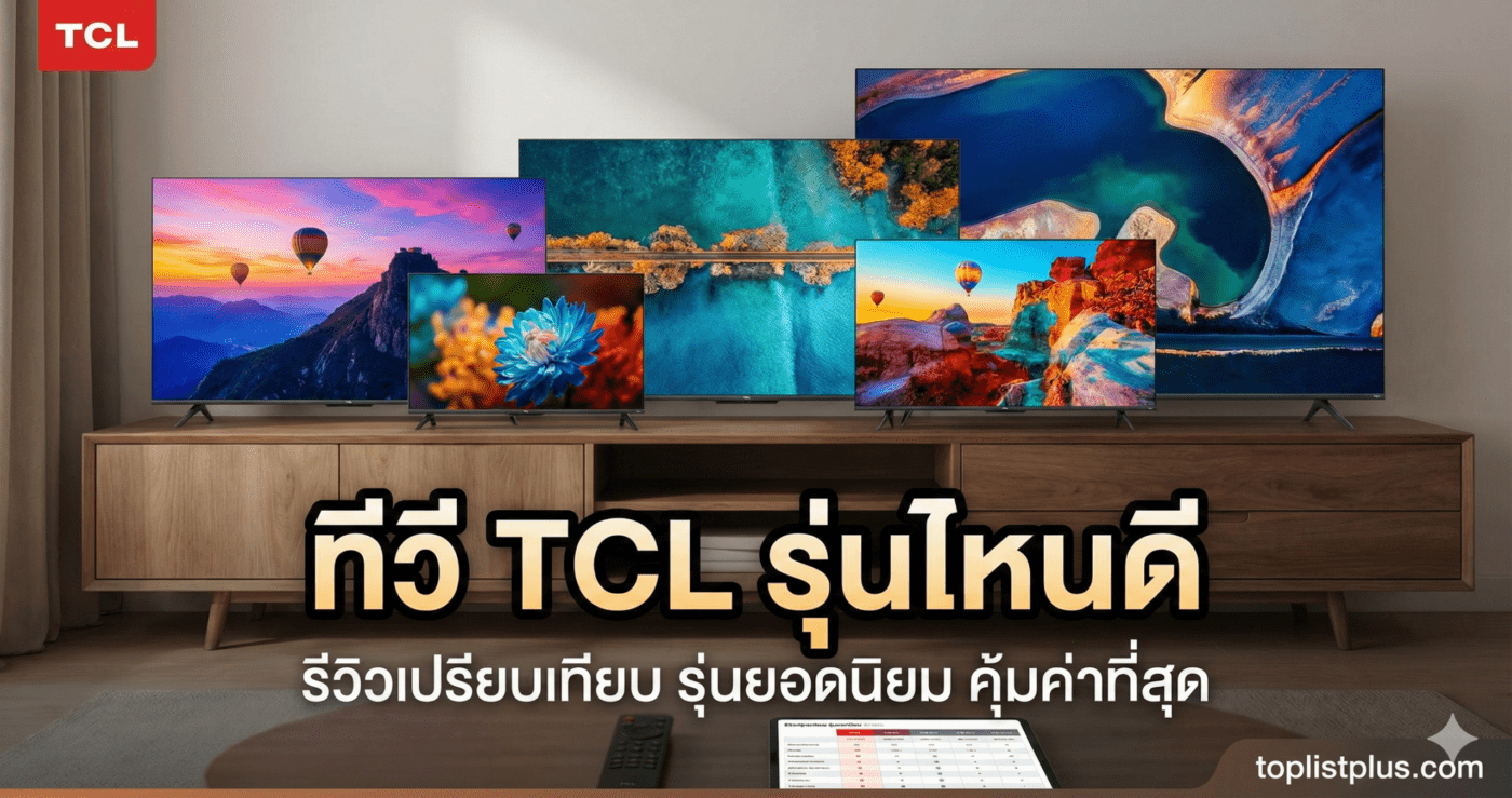 ภาพหน้าปกบทความรีวิวเปรียบเทียบ "ทีวี TCL รุ่นไหนดี" แสดงทีวี TCL หลายขนาดรุ่นยอดนิยมตั้งอยู่บนตู้วางทีวีไม้ในห้องนั่งเล่น พร้อมโลโก้ TCL และลายน้ำ toplistplus.com