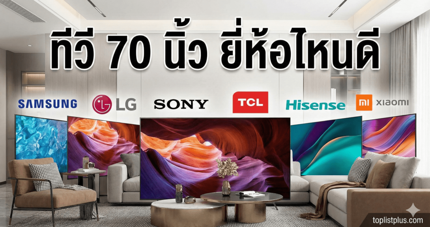 ภาพหน้าปกบทความ ทีวี 70 นิ้ว ยี่ห้อไหนดี รวมโลโก้แบรนด์ดัง Samsung LG Sony TCL Hisense Xiaomi และตัวอย่างทีวีในห้องนั่งเล่นหรู