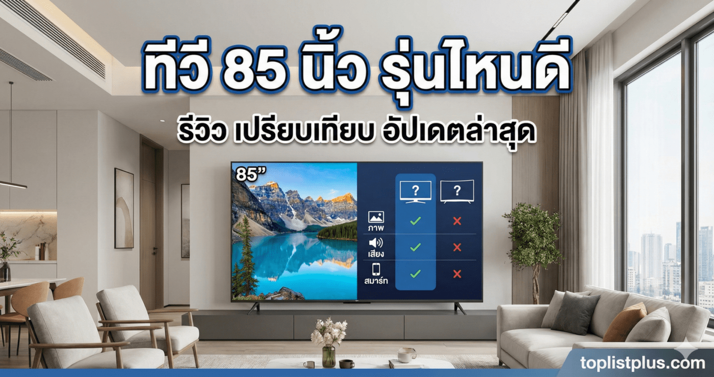 ภาพหน้าปกบทความรีวิวแนะนำการเลือกซื้อ ทีวี 85 นิ้ว รุ่นไหนดี แสดงภาพทีวีจอใหญ่ในห้องนั่งเล่น