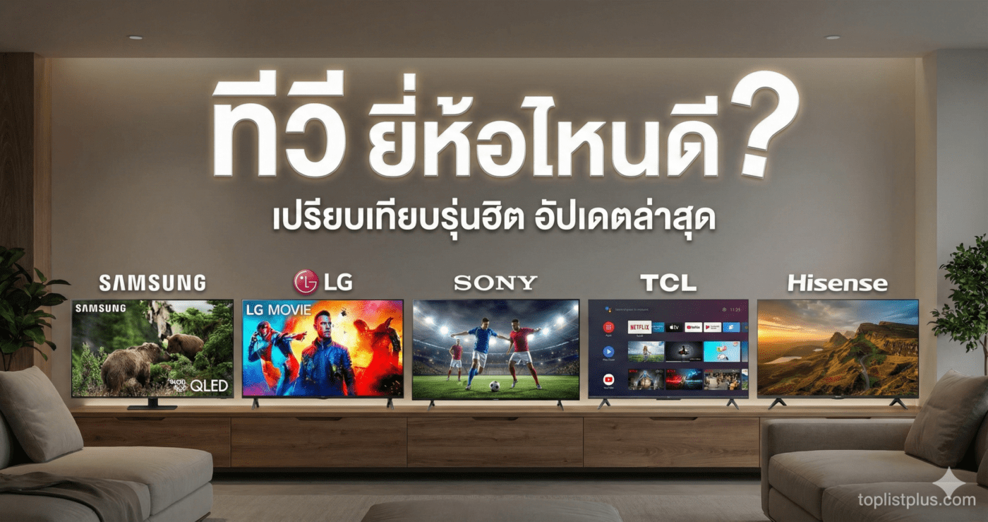 ภาพหน้าปกบทความเปรียบเทียบ ทีวี ยี่ห้อไหนดี อัปเดตล่าสุด รวมแบรนด์ดัง Samsung, LG, Sony, TCL, Hisense