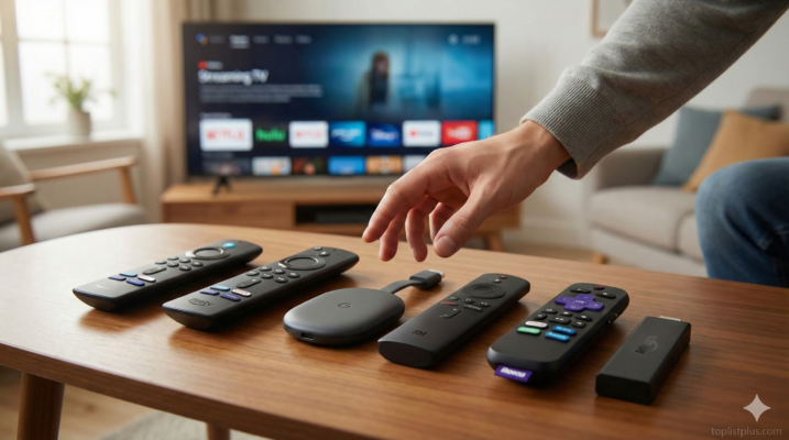 ภาพมือคนกำลังเอื้อมหยิบอุปกรณ์สตรีมมิ่งหลายรุ่นบนโต๊ะหน้าทีวี เพื่อเปรียบเทียบว่า TV Stick ยี่ห้อไหนดี