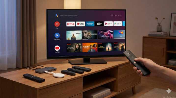 ภาพเปรียบเทียบ TV Stick ยี่ห้อต่างๆ ยอดนิยมบนโต๊ะทำงาน พร้อมหน้าจอทีวีแสดงผลการเปรียบเทียบ เพื่อช่วยสรุปว่า TV Stick ยี่ห้อไหนดี