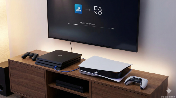 ภาพประกอบแสดงขั้นตอนวิธีโอนย้ายข้อมูลจาก PS4 ไป PS5 โดยมีเครื่อง PS4 Pro และ PS5 เชื่อมต่อกันและแสดงผลความคืบหน้าบนหน้าจอทีวี