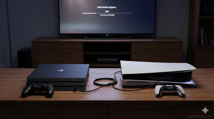 ภาพแสดงการเชื่อมต่อสายเคเบิลระหว่างเครื่อง PS4 และ PS5 ซึ่งเป็นส่วนหนึ่งของวิธีโอนย้ายข้อมูลจาก PS4 ไป PS5