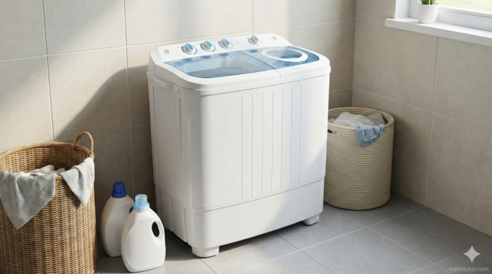 ภาพประกอบบทความเคล็ดลับการเลือกซื้อ แสดงตัวอย่างการจัดวาง "เครื่องซักผ้า 2 ถัง ราคาไม่เกิน 3000 ยี่ห้อไหนดี" ภายในห้องน้ำ