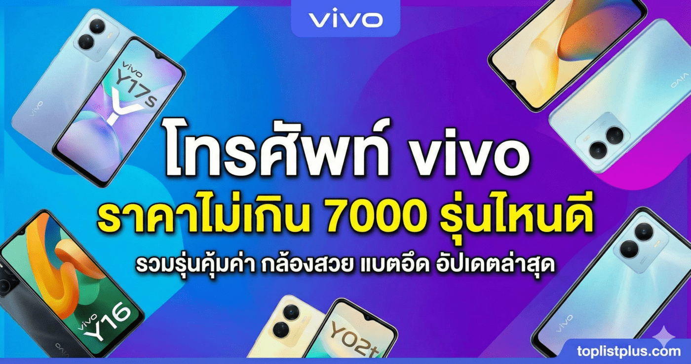 รูปภาพหน้าปกบทความแสดงโทรศัพท์ vivo หลายรุ่น พร้อมข้อความพาดหัวขนาดใหญ่ว่า "โทรศัพท์ vivo ราคาไม่เกิน 7000 รุ่นไหนดี" และข้อความรอง "รวมรุ่นคุ้มค่า กล้องสวย แบตอึด อัปเดตล่าสุด" โดยมีโลโก้ toplistplus.com อยู่ที่มุมขวาล่าง