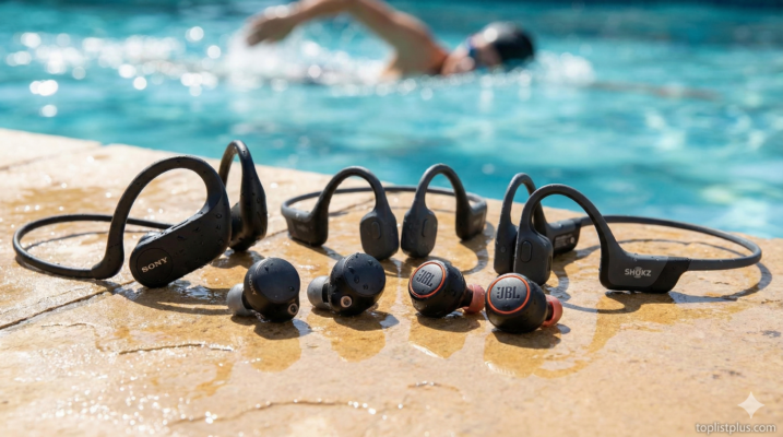รวมรุ่นหูฟังกันน้ำและหูฟังใส่ออกกำลังกายจากแบรนด์ดังต่างๆ วางริมสระว่ายน้ำ ประกอบบทความเคล็ดลับการเลือกซื้อ หูฟังกันน้ำ ยี่ห้อไหนดี