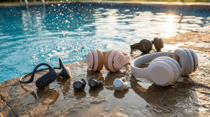 ภาพรวมของหูฟังกันน้ำหลากหลายรูปแบบที่วางอยู่ริมสระว่ายน้ำเพื่อประกอบบทความรีวิวช่วยตัดสินใจว่า หูฟังกันน้ำ ยี่ห้อไหนดี