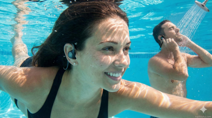 ภาพประกอบการใช้งานจริงของ หูฟังกันน้ำ ยี่ห้อไหนดี ขณะว่ายน้ำและอาบน้ำ