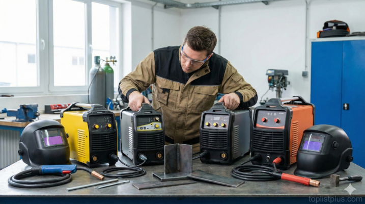 ช่างภาพกำลังพิจารณาเลือกซื้อตู้เชื่อมไฟฟ้า ยี่ห้อไหนดี โดยเปรียบเทียบหลายรุ่นในเวิร์กช็อป