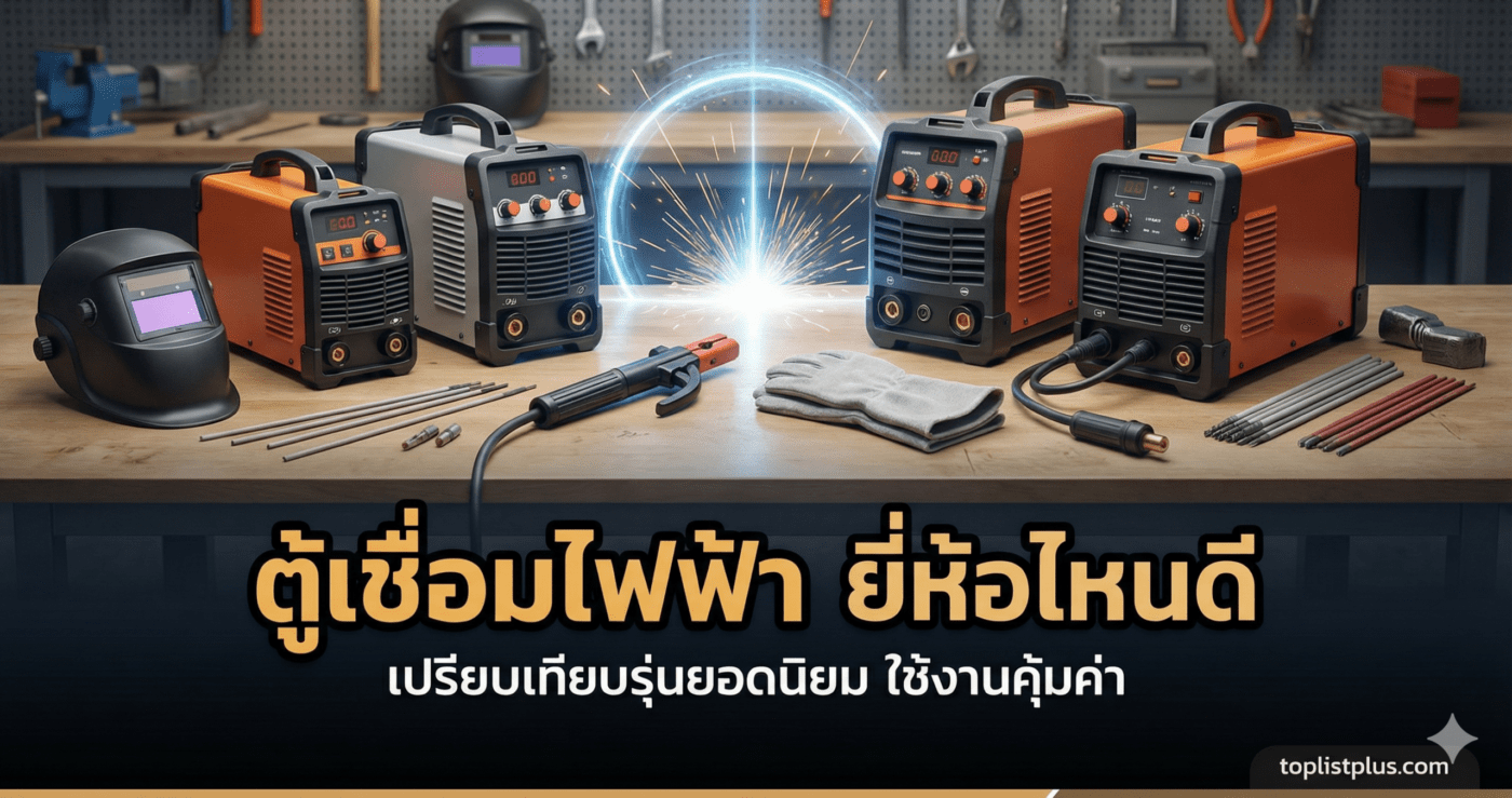 ตู้เชื่อมไฟฟ้า ยี่ห้อไหนดี ภาพหน้าปกบทความเปรียบเทียบรุ่นยอดนิยม แสดงเครื่องเชื่อมหลายเครื่อง หมวกกันน็อค และอุปกรณ์บนโต๊ะช่าง