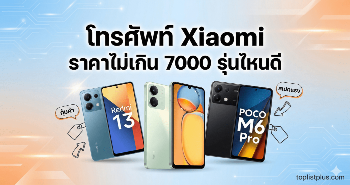 ภาพหน้าปกบทความ SEO หัวข้อ โทรศัพท์ Xiaomi ราคาไม่เกิน 7000 รุ่นไหนดี แสดงสมาร์ทโฟน Xiaomi หลายรุ่นพร้อมข้อความประกอบ