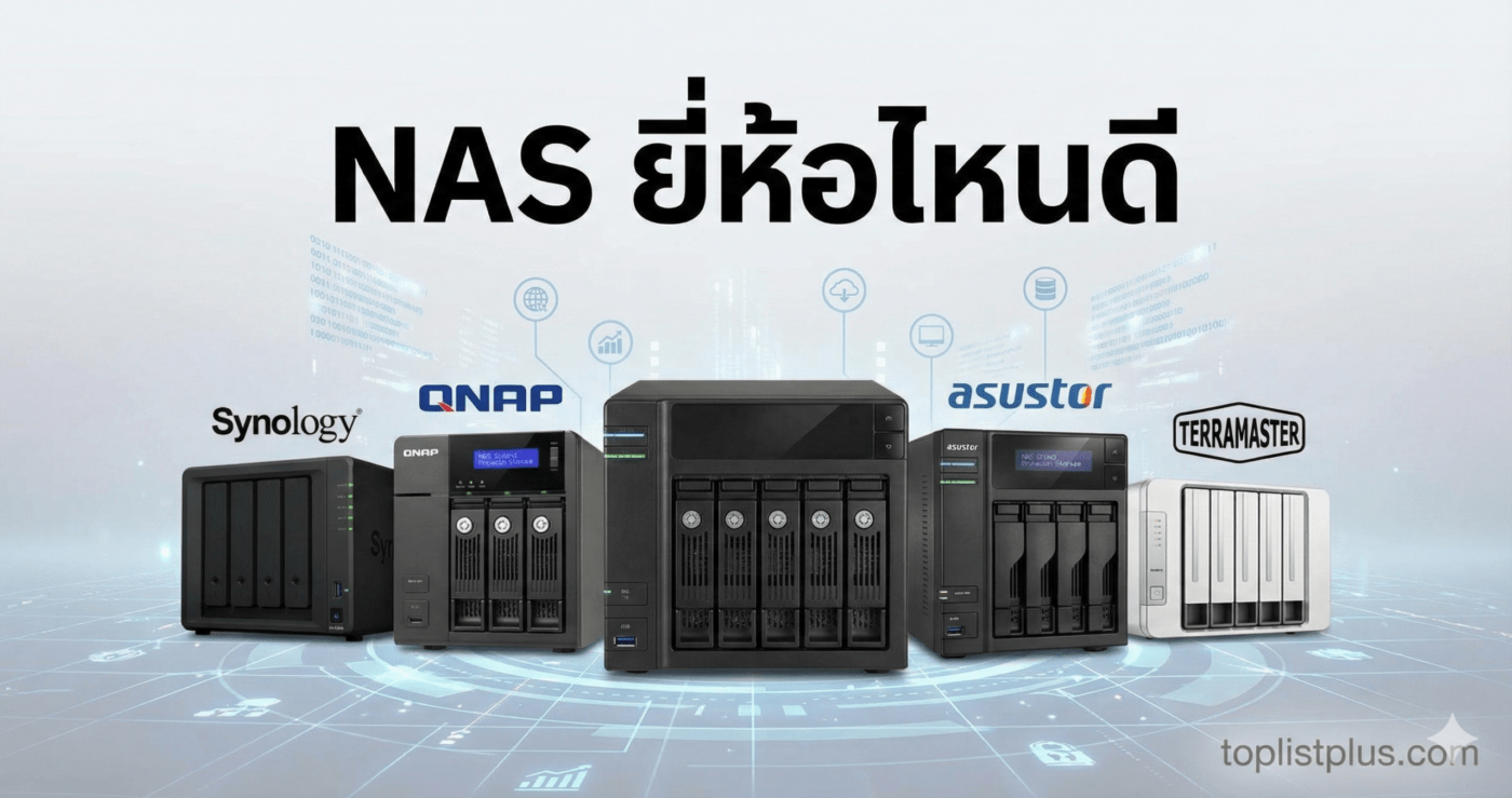 ภาพหน้าปกบทความเปรียบเทียบ "NAS ยี่ห้อไหนดี" แสดง NAS รุ่นต่างๆ จากแบรนด์ Synology, QNAP, Asustor และ TerraMaster