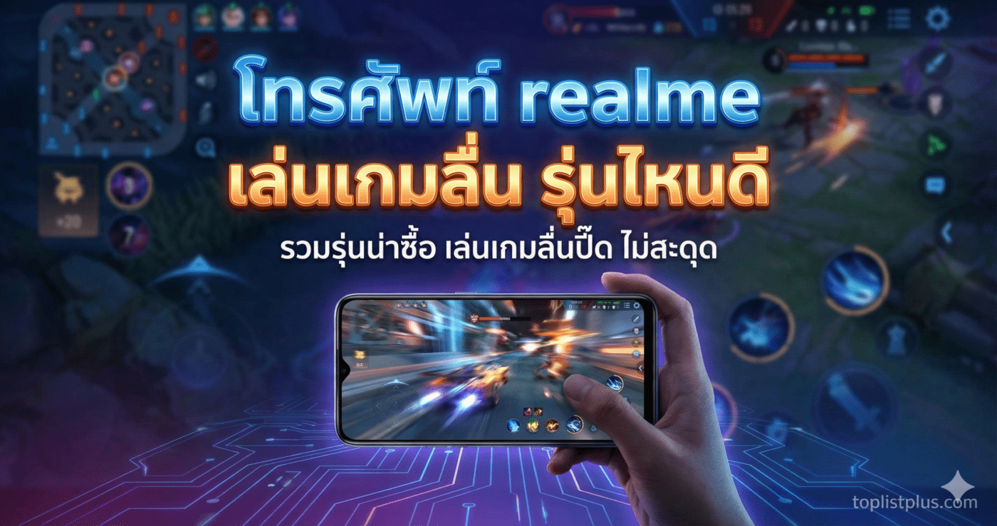 ภาพหน้าปกบทความแนะนำ โทรศัพท์ realme เล่นเกมลื่น รุ่นไหนดี พร้อมข้อความหัวข้อและรูปมือถือ realme กำลังแสดงผลเกมอย่างลื่นไหล